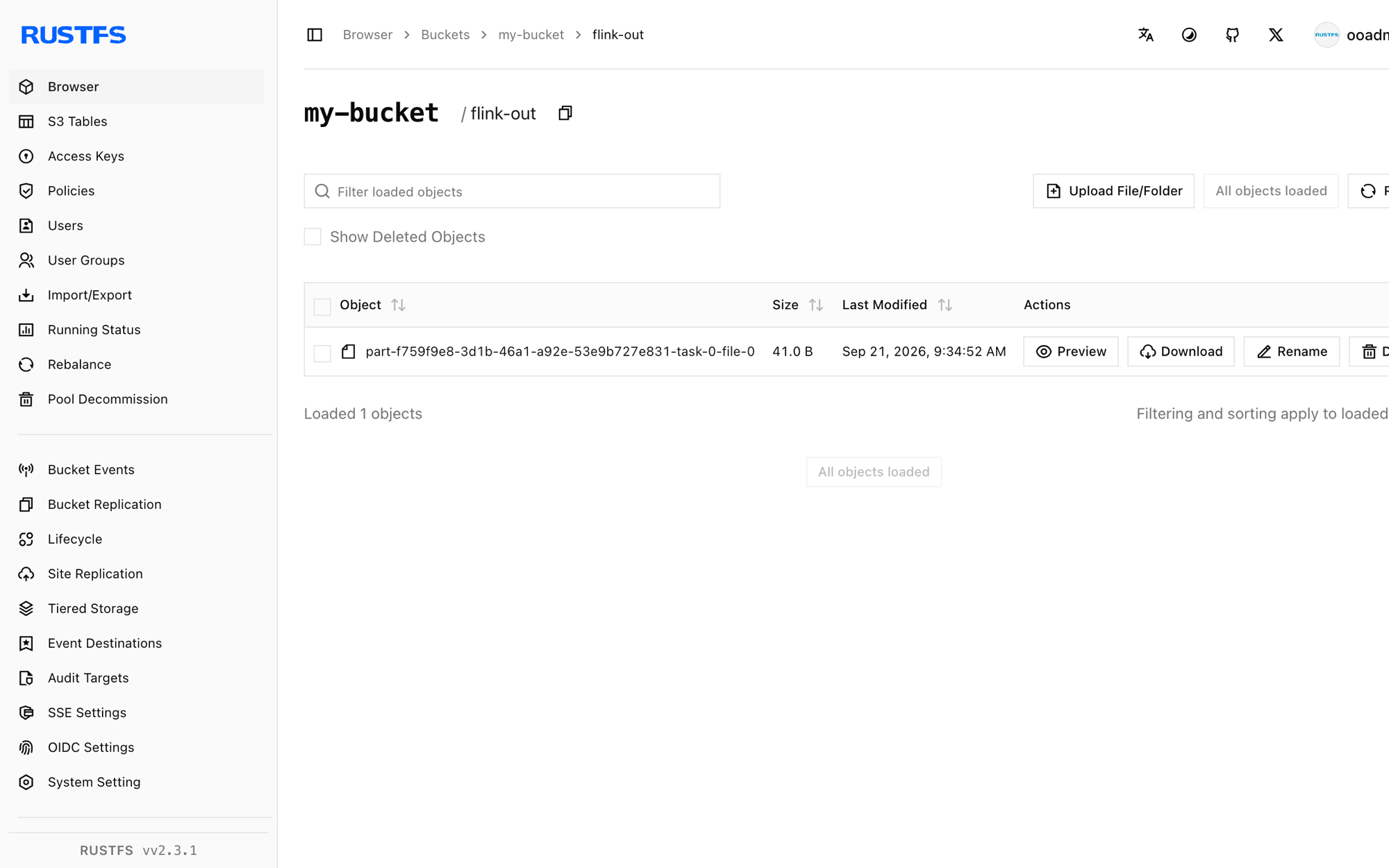 RustFS コンソールに保存された Flink の出力ファイル