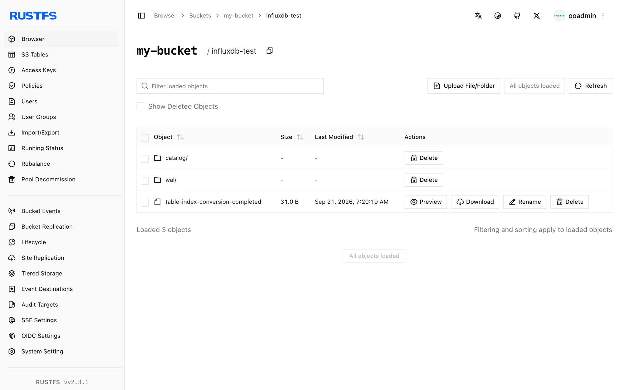 Das InfluxDB-Knoten-Präfix in der RustFS Console