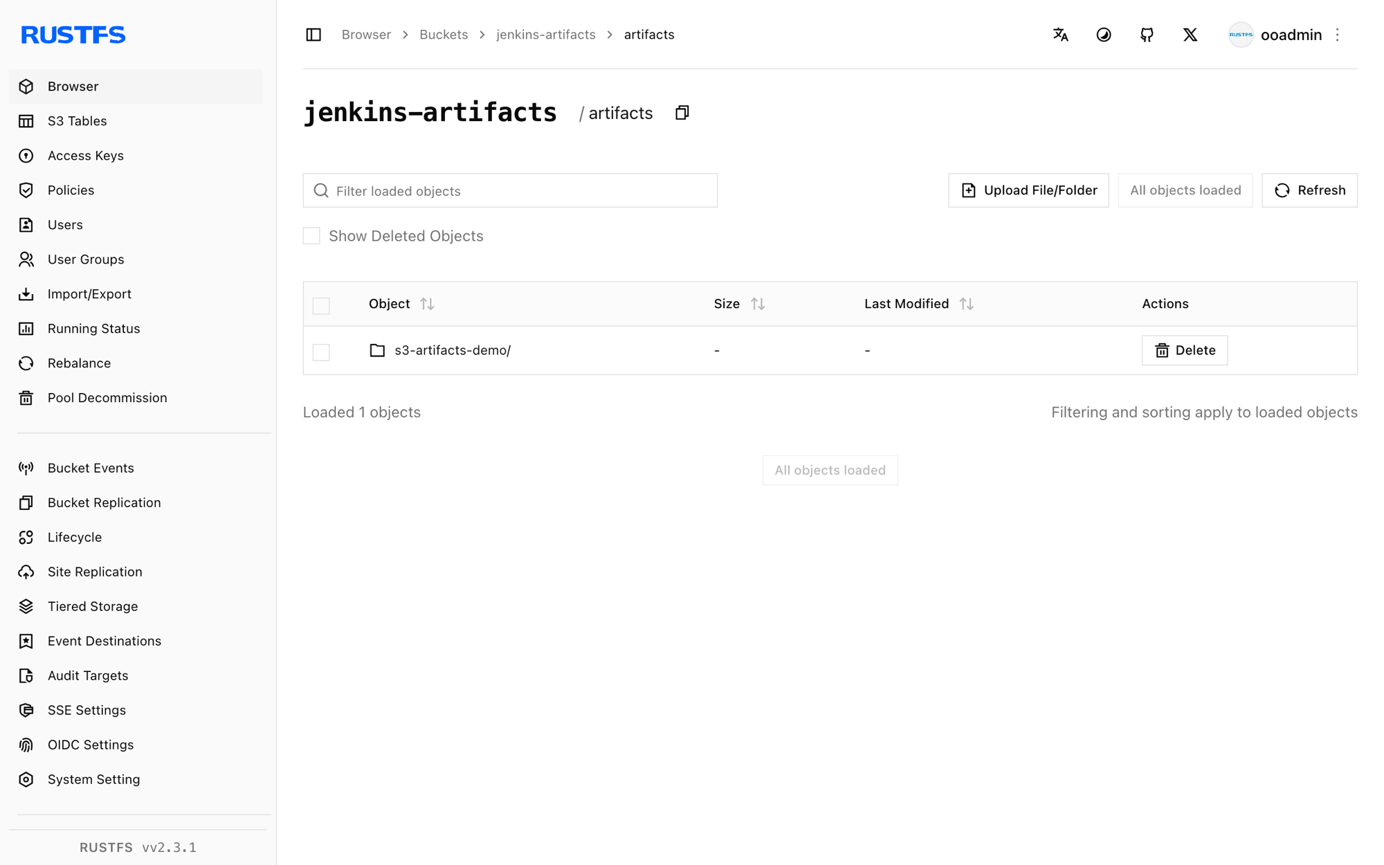 Jenkins artifacts stored in the RustFS Console