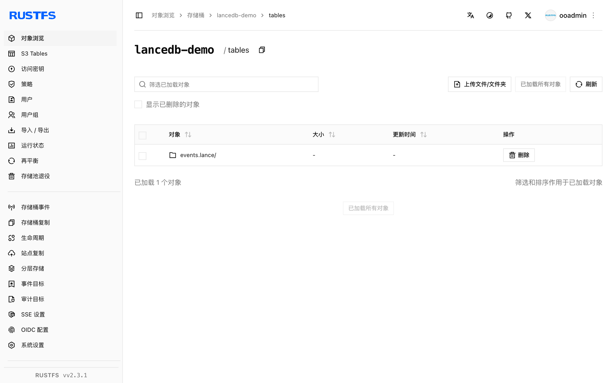 存储在 RustFS 控制台中的 LanceDB 表文件