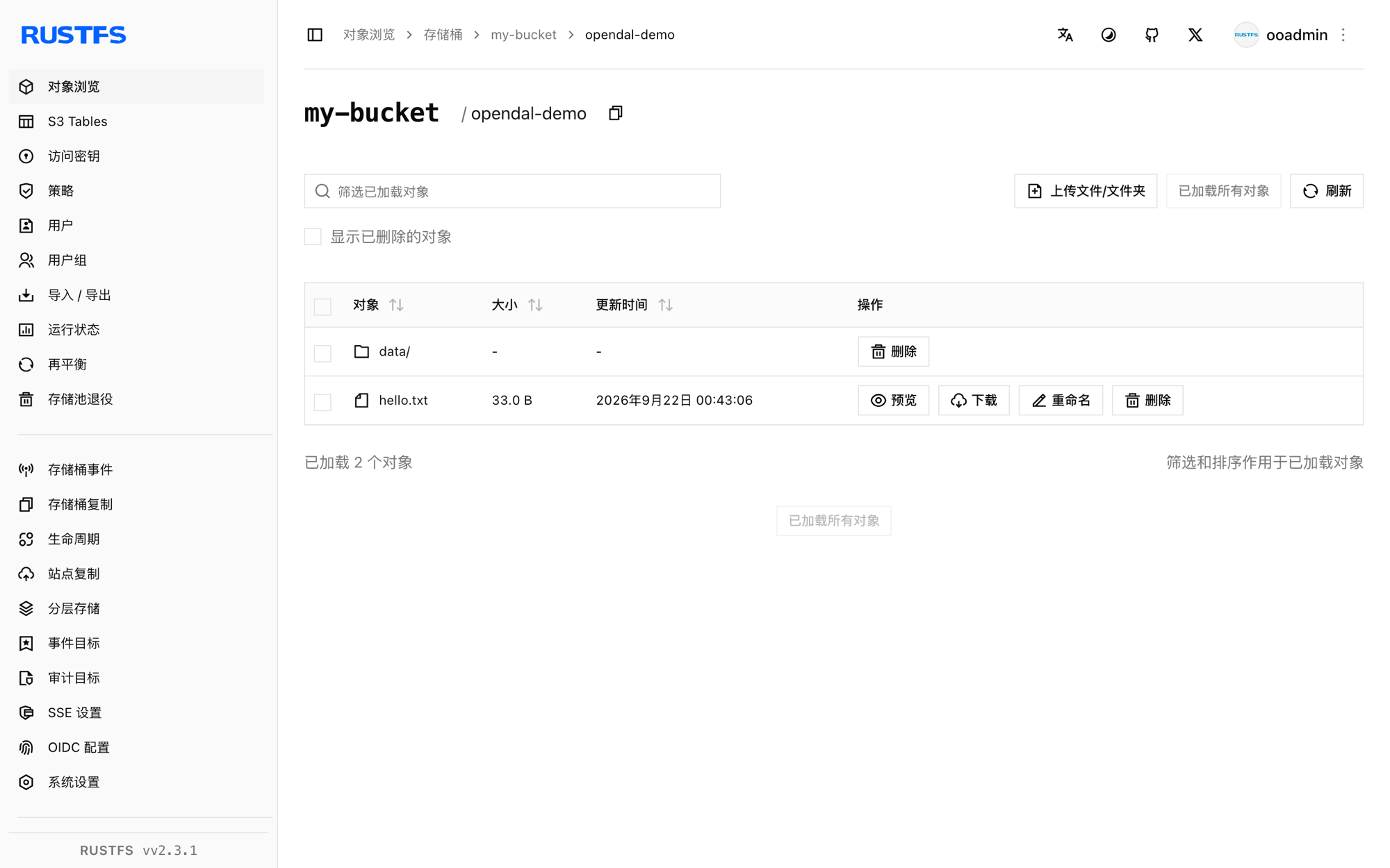 RustFS 控制台中存储的 OpenDAL 对象